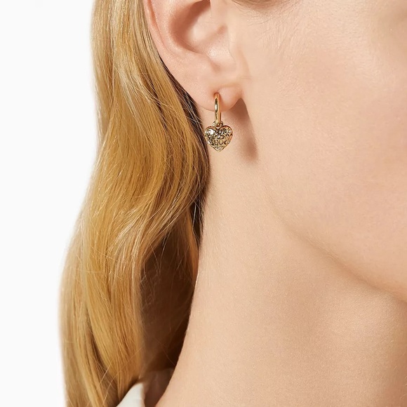 COACH Faux Stone Signature Quilted Heart Charm Huggie Earrings - Picture 2 of 5
